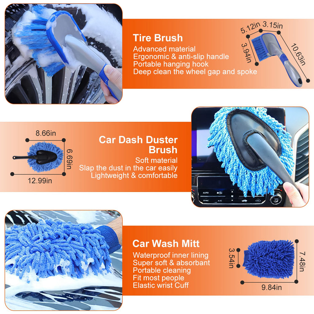 Tire brush, dash duster brush, and car wash mitt with sizes and features