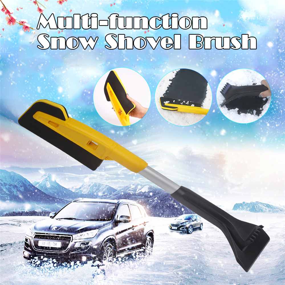 Yellow and black extendable EVA snow shovel with snowy SUV