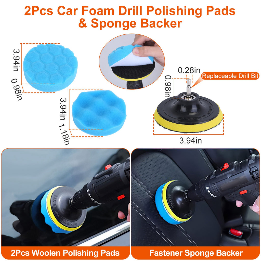 Foam drill polishing pads shown with a drill polishing a car