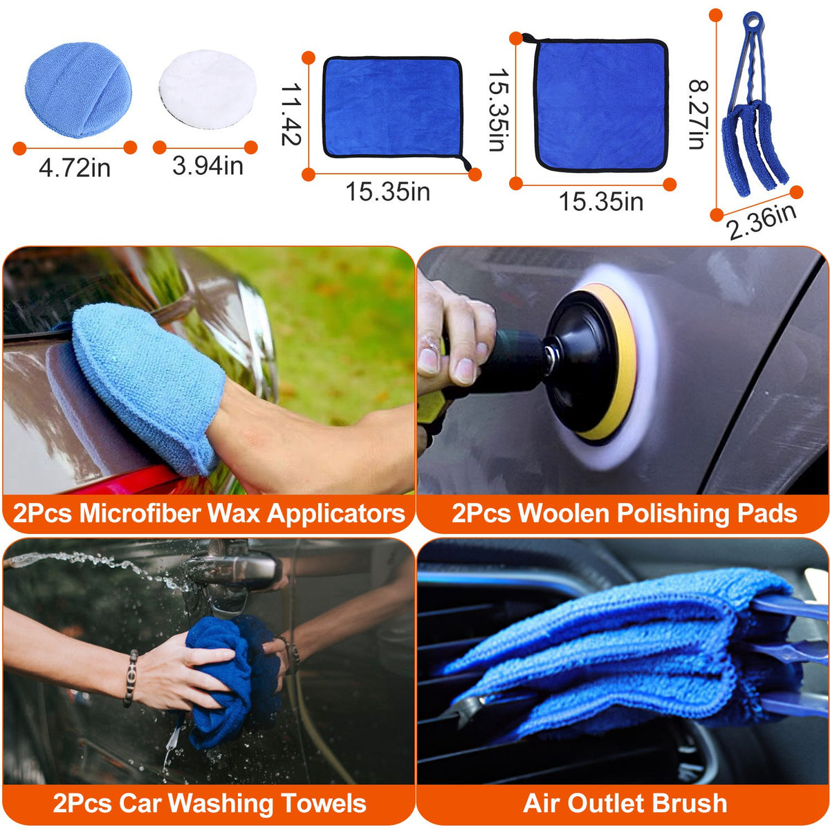Wax applicators, polishing pads, wash towels, and air vent brush with sizes