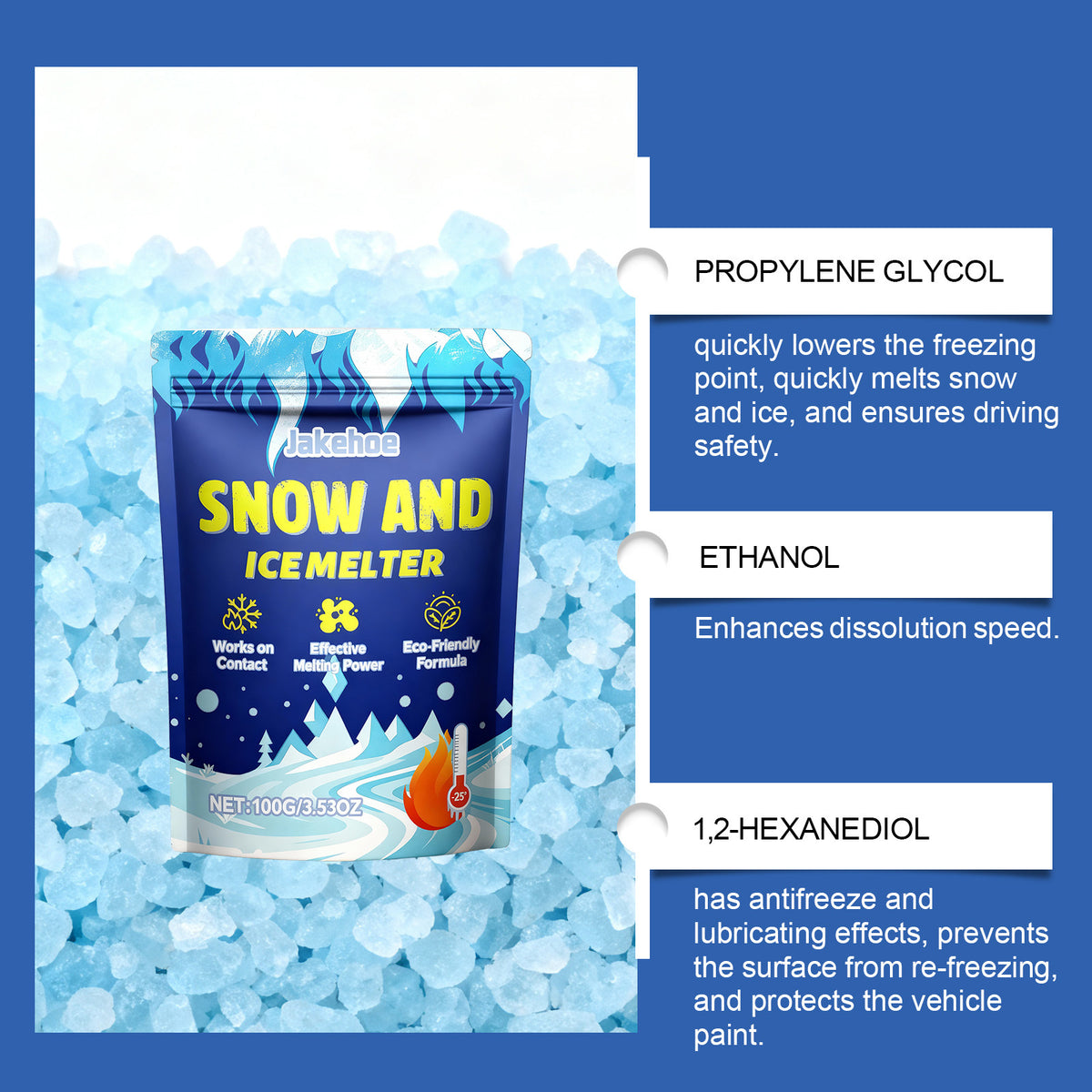 Pouch with ingredient infographic: propylene glycol, ethanol, hexanediol