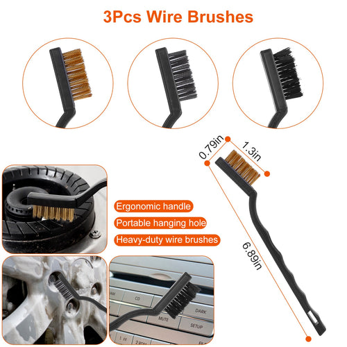 Three wire detailing brushes with size dimensions, for wheels and tight spots
